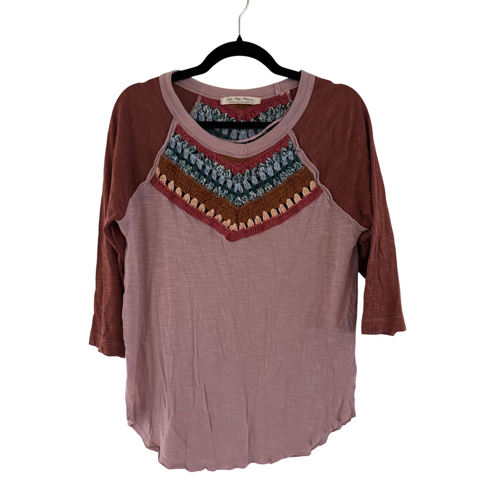 We The Free People Crochet Bib Raglan Top Mauve Rust Boho Slub Knit Medium